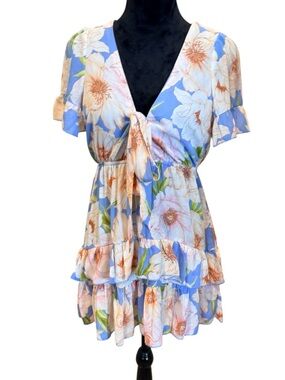Forever 21 Floral Spring Women's Dress Light Blue White Ruffles Tie Front Small